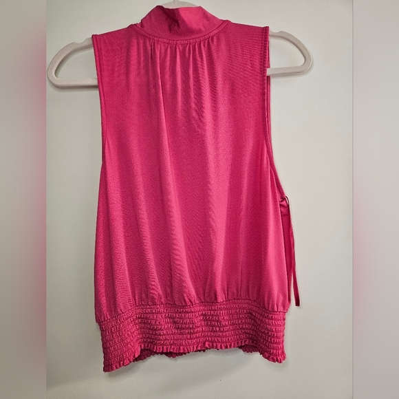 Anthropologie Ruffle Bow Tie Neck Rasberry Pink Sleeveless Blouse Size M - Picture 5 of 9